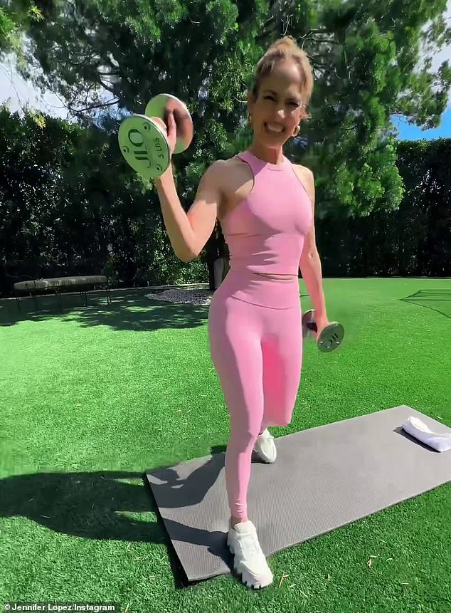 During the workout, Lopez used 5lb metal dumbbells, which just so happened to have her nickname 'JLO' emblazoned on each side