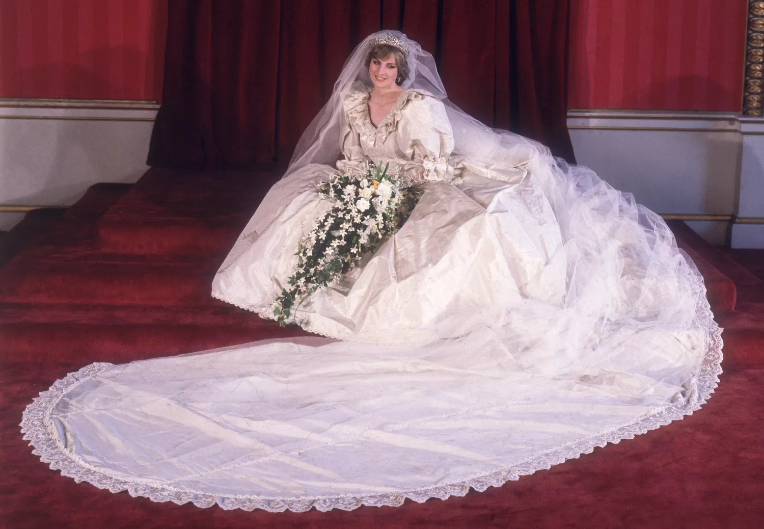 Lady Diana Spencer (1961 - 1997) in her wedding dress designed by David and Elizabeth Emanuel
