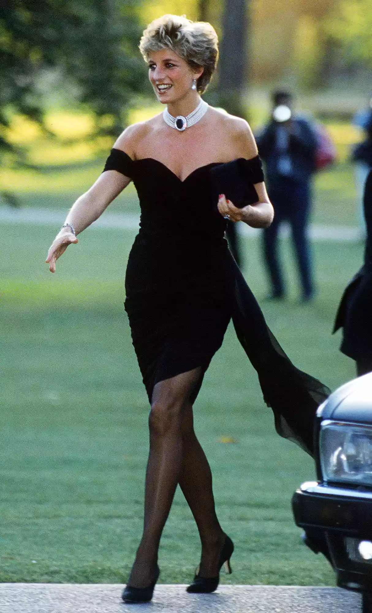 Princess Diana (1961 - 1997) arriving at the Serpentine Gallery, London, in a gown by Christina Stambolian, June 1994