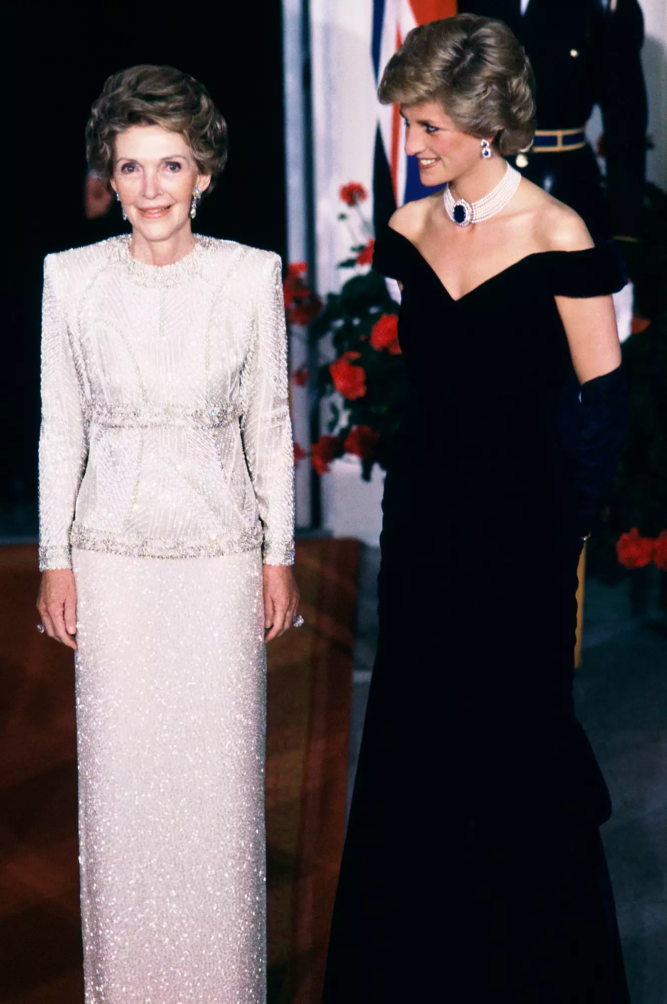 Diana Princess Of Wales, With Nancy Reagan At The White House, Wearing A Dress Designed By Fashion Designer Victor Edelstein