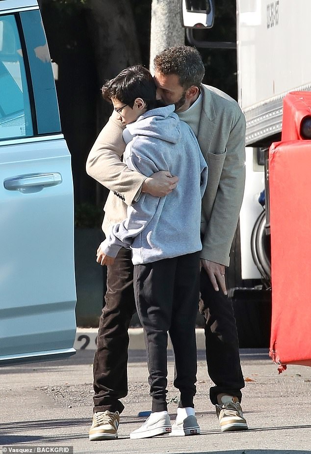 Ben Affleck shares loving hug with wife Jennifer Lopez's son Max on a visit to a studio in LA | Daily Mail Online