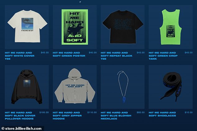 Billie has also released a line of new merchandise including two T-shirts, two hoodies, a tank top, a poster, shoelaces, and a necklace