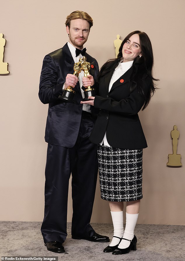 Eilish and Finneas (last name O'Connell) recently won two Grammy Awards, a Golden Globe Award, and an Academy Award (pictured March 10) for their whispery track What Was I Made For? off of the Barbie sountrack