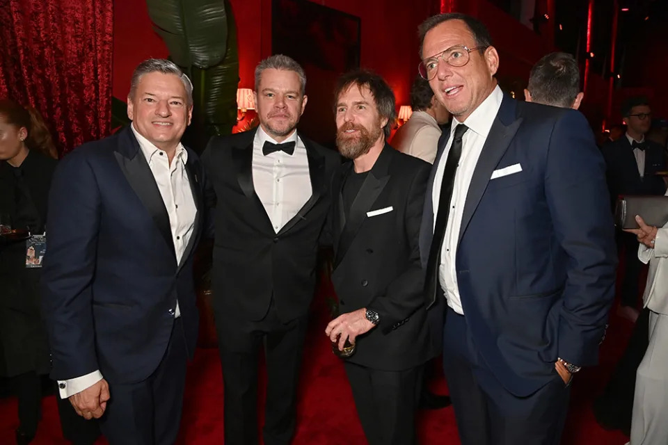 Ted Sarandos, Matt Damon, Sam Rockwell, and Will Arnett attend the 2024 Vanity Fair Oscar Party Hosted By Radhika Jones at Wallis Annenberg Center for the Performing Arts on March 10, 2024 in Beverly Hills, California.