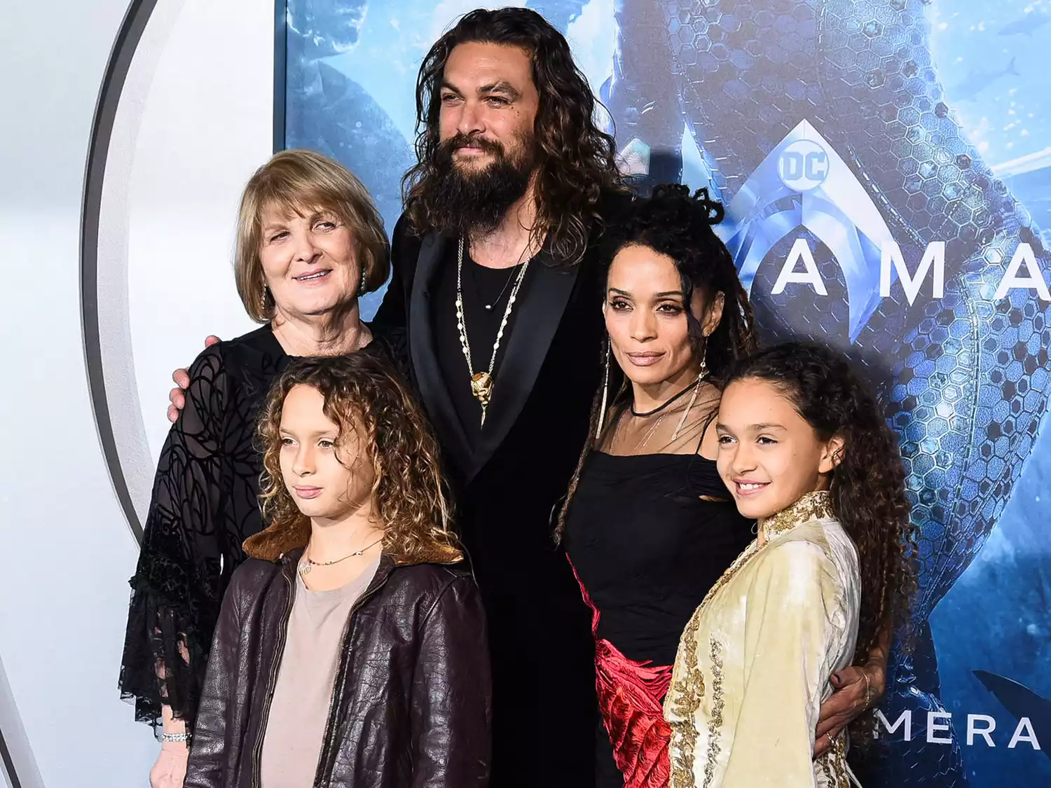 Coni Momoa, Jason Momoa, Nakoa-Wolf Manakauapo Namakaeha Momoa, Lisa Bonet, and Lola Iolani Momoa attends the premiere of "Aquaman" on December 12, 2018 in Hollywood, California.