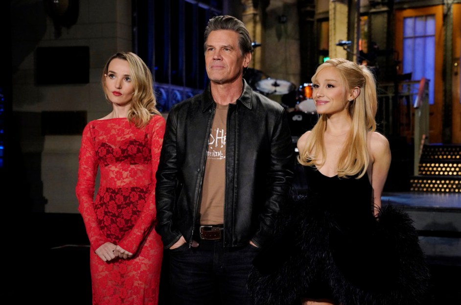 Chloe Fineman, host Josh Brolin and musical guest Ariana Grande during 'Saturday Night Live' promos in Studio 8H on Thursday, March 7, 2024.