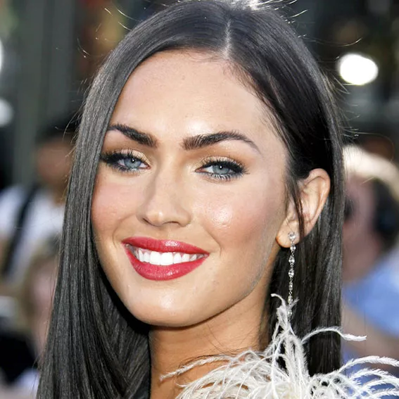 Megan Fox long, straight hair and red lipstick