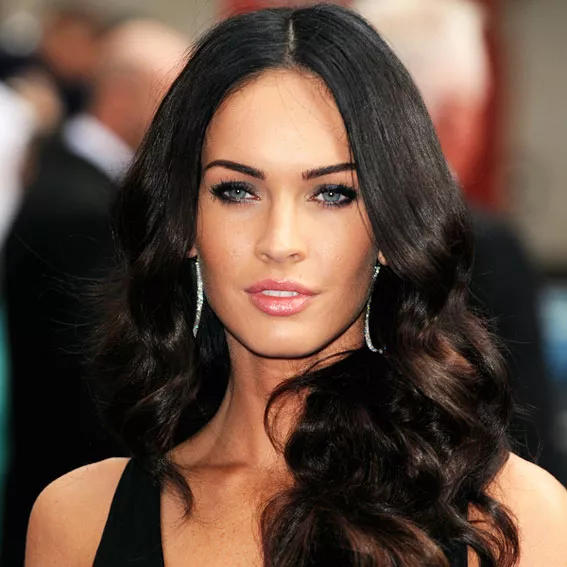 Megan Fox long, dark, loose waves and light pink lip gloss