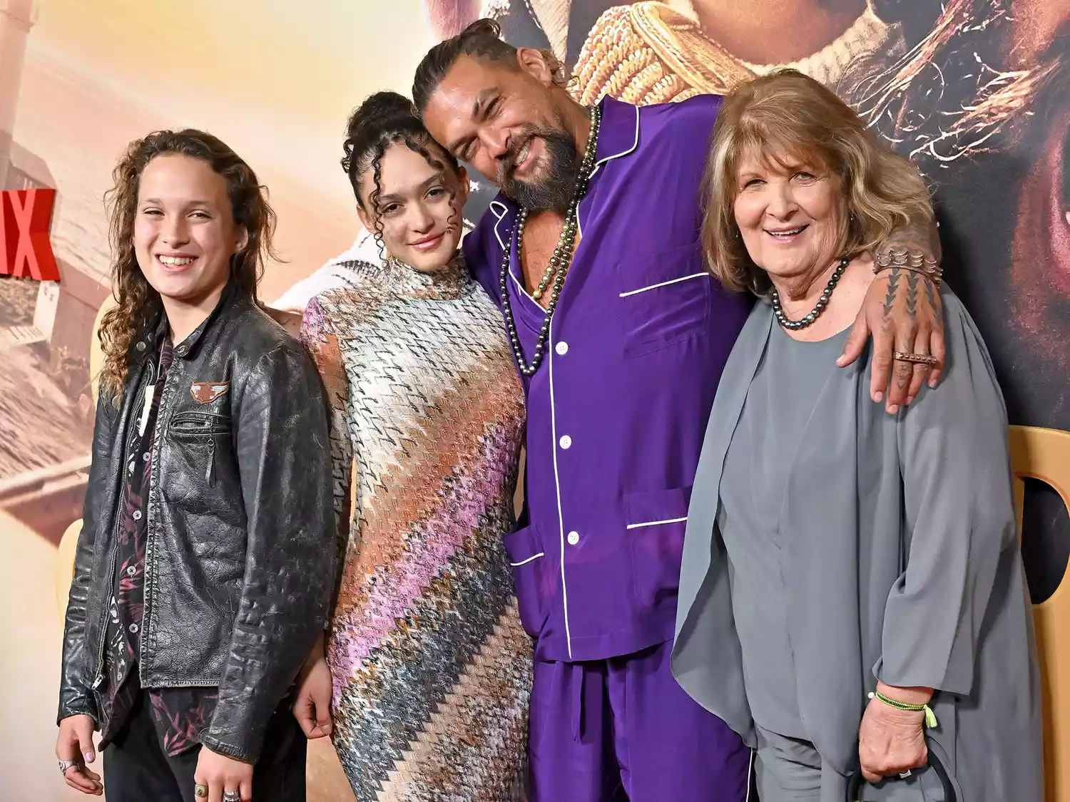 Nakoa-Wolf Manakauapo Namakaeha Momoa, Lola Iolani Momoa, Jason Momoa, and Coni Momoa attend the Los Angeles Premiere of Netflix's "Slumberland" on November 09, 2022.