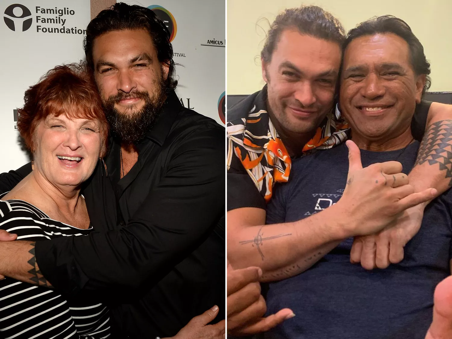 Jason Momoa and his mother Coni Momoa arrive to a screening of 'Road to Paloma' during the Sarasota Film Festival on April 12, 2014 in Sarasota, Florida. ; Jason Momoa and his dad, Joseph Momoa.