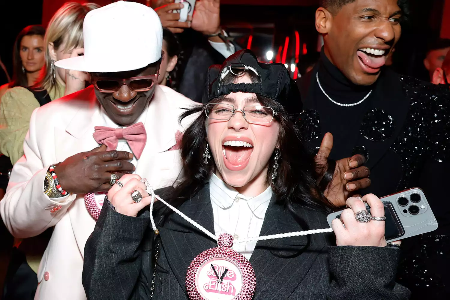 Flavor Flav, Billie Eilish and Jon Batiste attend the 2024 Vanity Fair Oscar Party Hosted By Radhika Jones at Wallis Annenberg Center for the Performing Arts on March 10, 2024 in Beverly Hills, California.