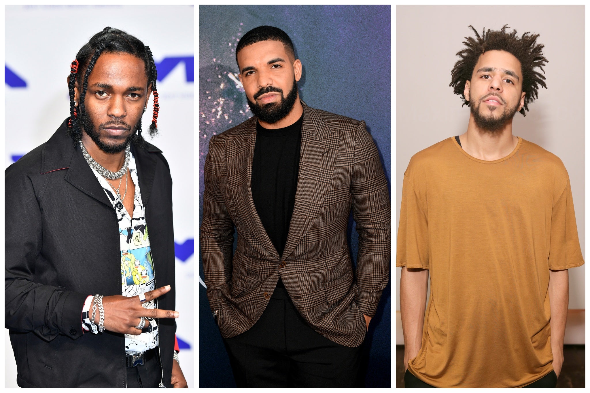 <p>(From left) Kendrick Lamar, Drake and J Cole</p>