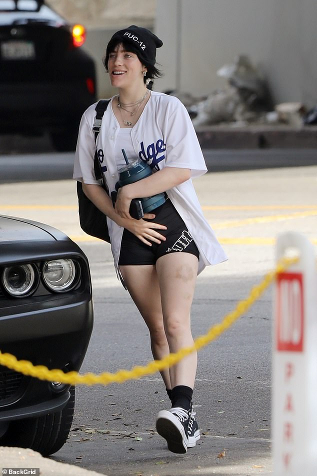 Sporty: Billie Eilish looked sporty while heading into a Los Angeles gym on Friday