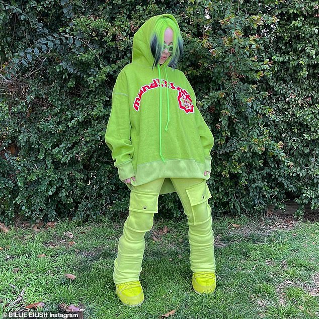 Coordinated ensemble: She's renowned for her quirky fashion sense and love of the color green. And on Wednesday, Billie Eilish embraced both traits to the full in an Instagram post