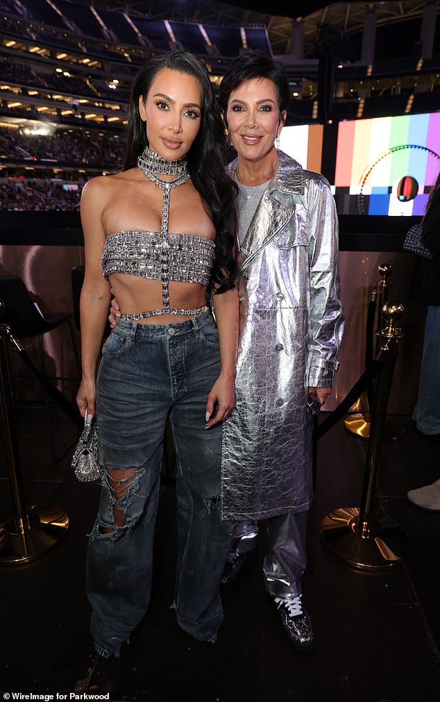 Smooth-faced Kim Kardashian joins her mother Kris, sister Khloe, daughter North and niece Penelope as they sport matching silver outfits for family night out at Beyonce's concert in LA | Daily Mail