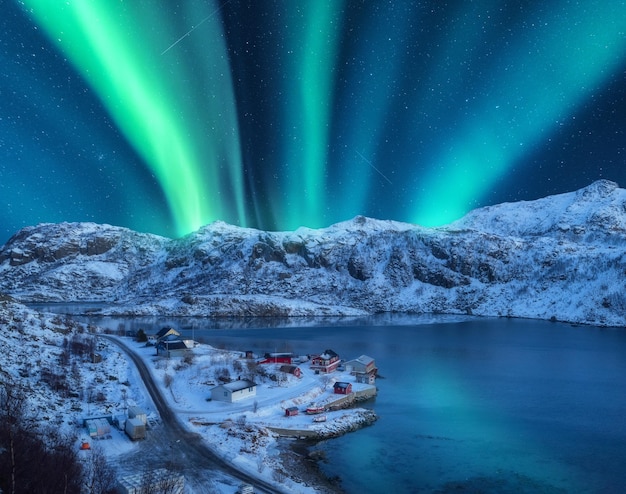 Premium Photo | Polar lights over the snowy mountains sea at night in lofoten norway aerial view of aurora borealis rocks in snow winter landscape with northern lights and fjord starry sky