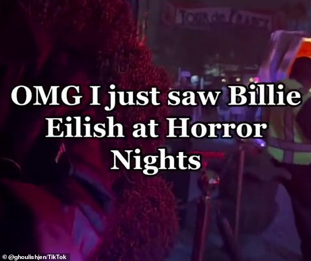 Excitement: 'OMG I just saw Billie Eilish at Horror Nights,' the fan exclaimed in text over the video, which has resulted in a storm of speculation that Billie and Jesse are an item