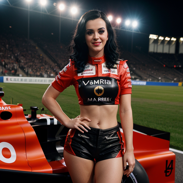 epiCRealism, Katy Perry wears short clothes standing next to the F1 racing car in the arena joking , full shot, deep photo, depth of field, Superia 400, bokeh, realistic lighting, professional colorgraded, a male