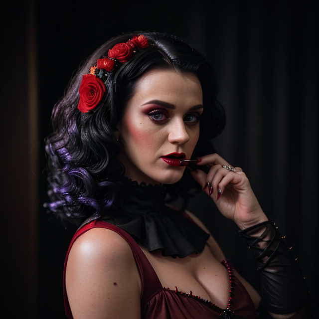 epiCRealism, Katy Perry dressed up for Halloween as a vampire with sharp fangs and fake blood on the corners of her mouth in a Western-style dress with the main colors being black and red., full shot, deep photo, depth of field, Superia 400, bokeh, realistic lighting, professional colorgraded, a male