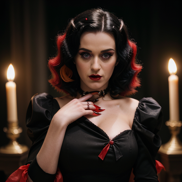 epiCRealism, Katy Perry dressed up for Halloween as a vampire with sharp fangs and fake blood on the corners of her mouth in a Western-style dress with the main colors being black and red., full shot, deep photo, depth of field, Superia 400, bokeh, realistic lighting, professional colorgraded, a male