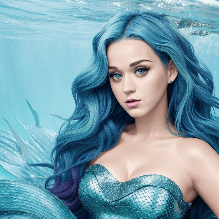 Katy Perry transforms into a mermaid ‎ ‎, Nature lighting, Beauty, Wavy and blue hair