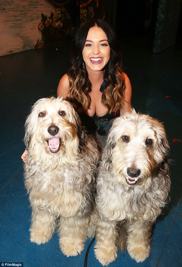 Ruff: Wearing her hair over her shoulders, the Roar hitmaker posed with the castmembers of the show, including two of its canine actors