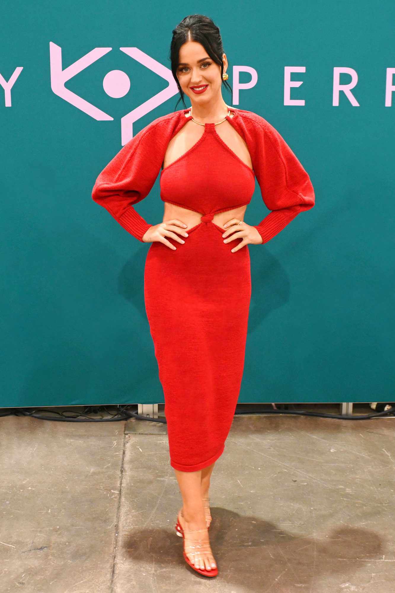 Katy Perry Wore a Red Hot Cut-Out Dress With Matching Mushroom Heels