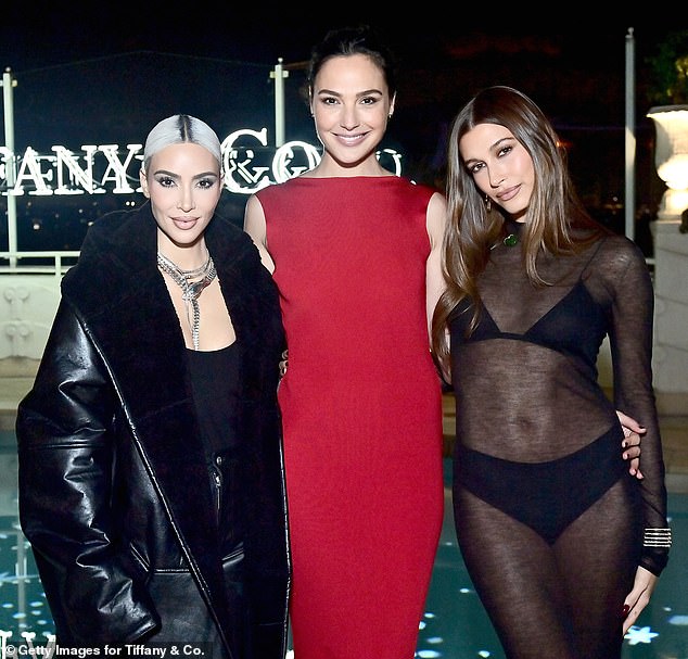 Star-studded occasion: The Death On The Nile star mingled with the likes of Kim Kardashian, 42, (L) and Hailey Bieber, 25, (R) inside the event