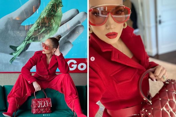 Side by side pictures of JLo seated in red outfit and holding a red handbag