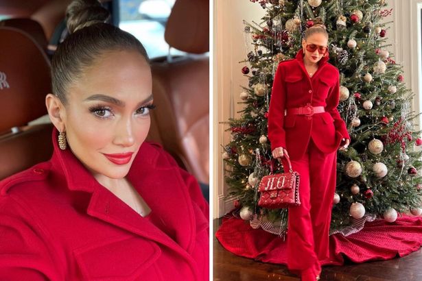 Side by side pictures of JLo close up make-up and standing by a Christmas tree