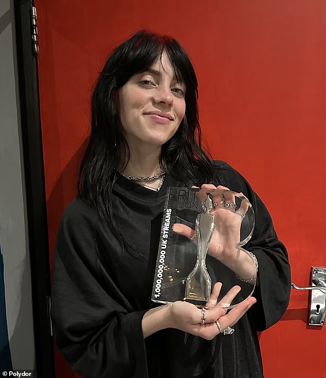 Amazing: Billie Eilish, 21, received a Brit Billion Award on Wednesday after surpassing one billion UK streams