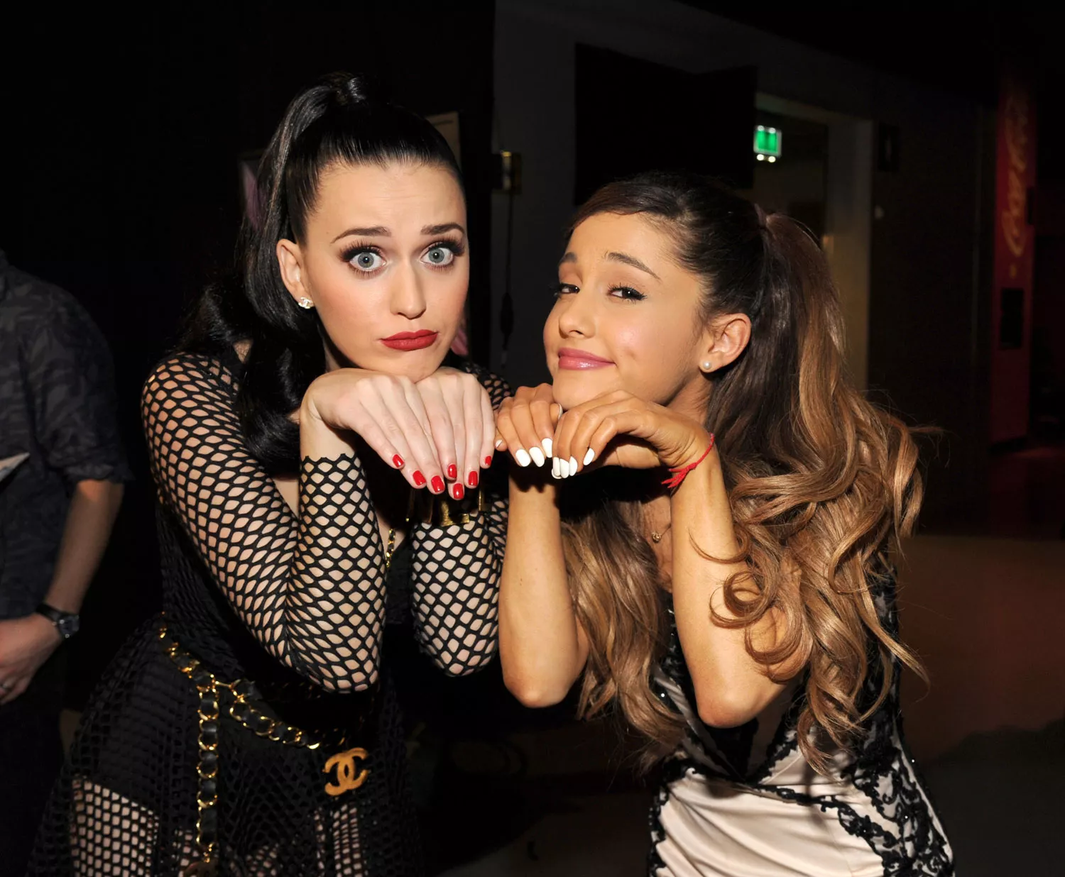 Katy Perry and Ariana Grande backstage at the MTV EMA's 2013 at Ziggo Dome on November 10, 2013 in Amsterdam, Netherlands.