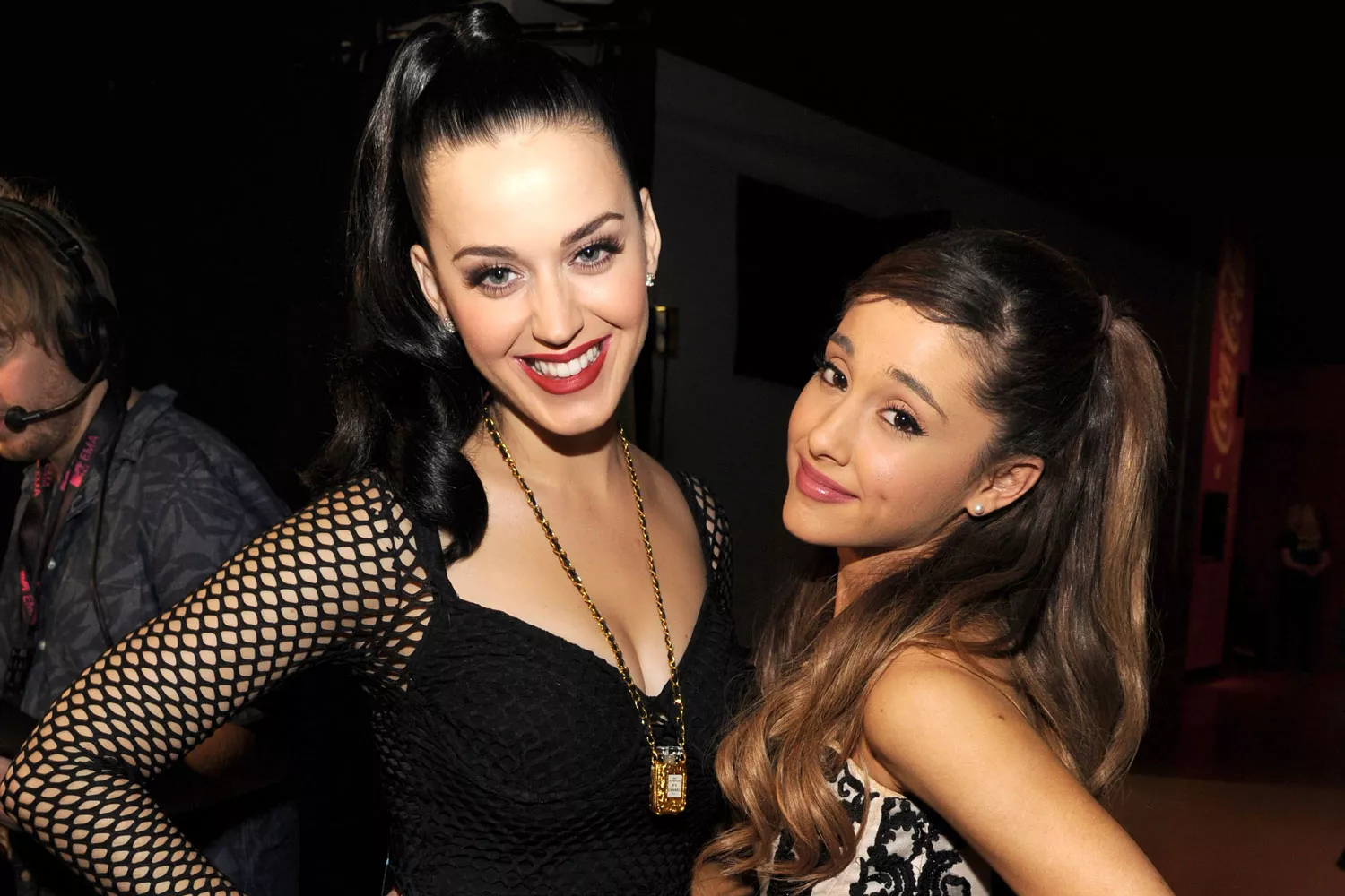 Katy Perry and Ariana Grande backstage at the MTV EMA's 2013 at Ziggo Dome on November 10, 2013 in Amsterdam, Netherlands.